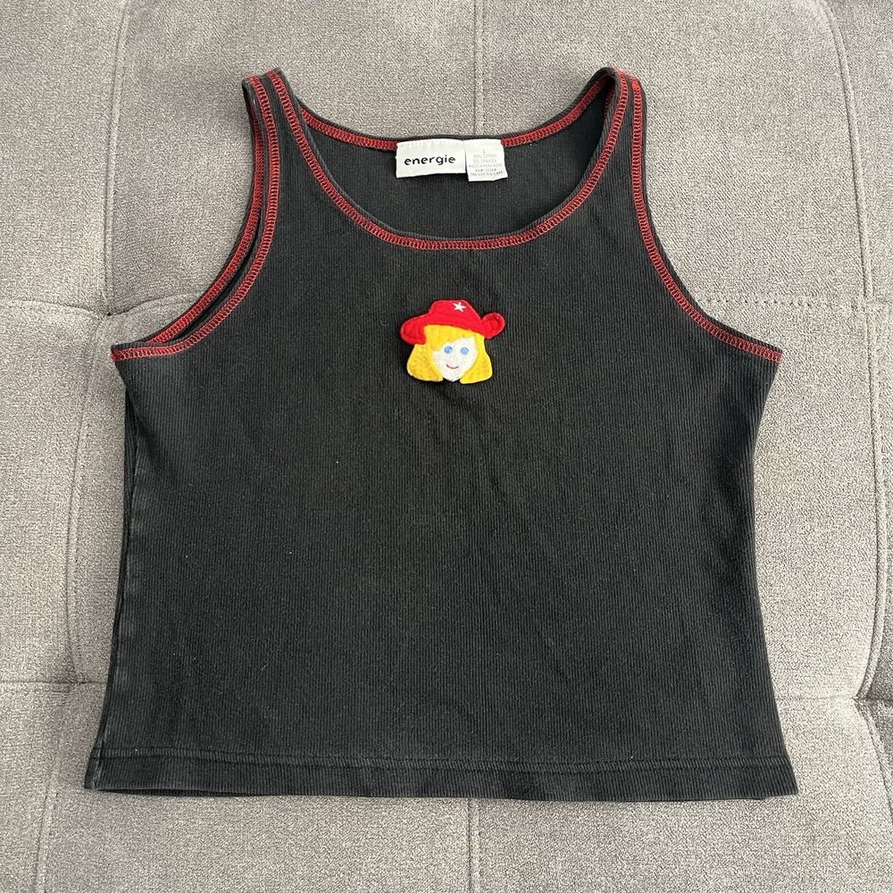 VTG Energie Womens Black Cowgirl Rodeo Ribbed Tank Top Size Large Y2K